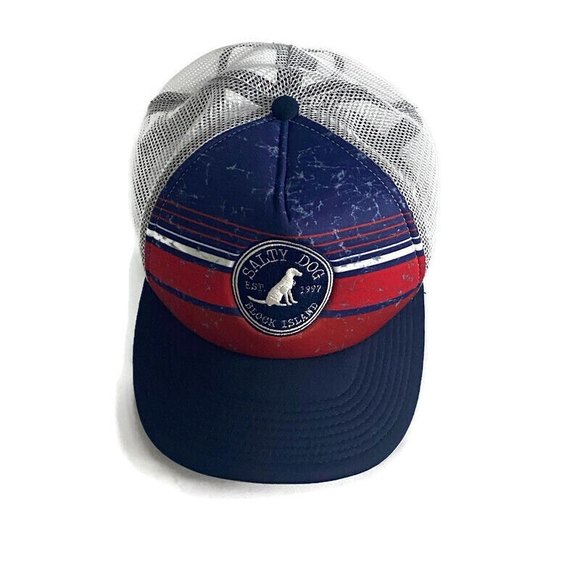 SALTY DOG BLOCK ISLAND Mens Red White & Blue Trucker Hat Size One Size Mesh - Picture 1 of 7